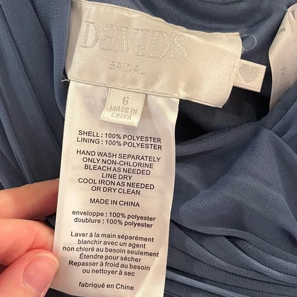 David's Bridal - Crisscross Off-the-Shoulder Mesh Dress - Steel Blue, Size 6 - Picture 6 of 10